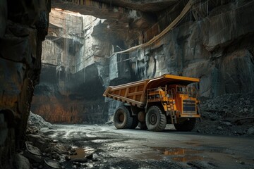 Large quarry dump truck in mine, quarry. Loading and transportation minerals