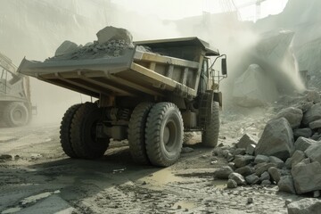 Large quarry dump truck in mine, quarry. Loading and transportation minerals