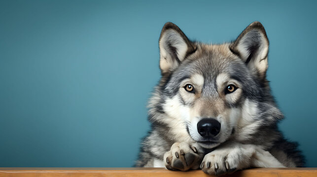 Portrait of a funny wolf with a blank banner. Copy-space.