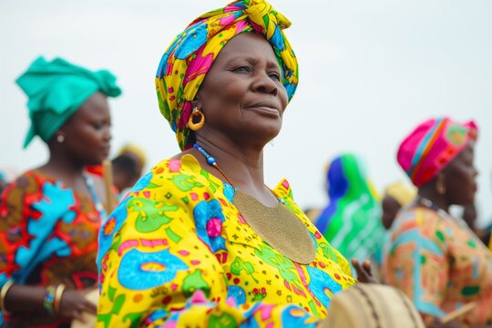 senegalese woman in a bright boubou and head tie at a music celebration