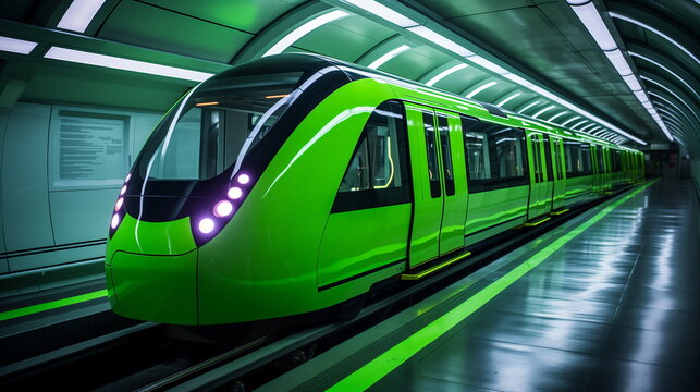 A futuristic green subway train entering the station.