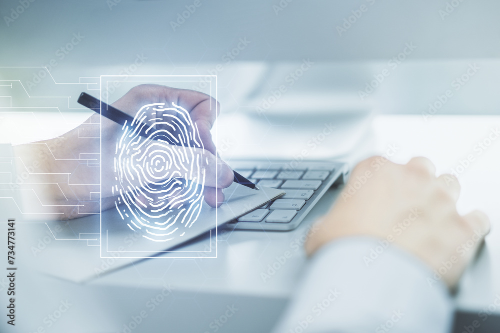 Poster abstract creative fingerprint concept with hand writing in notebook on background with laptop. multi