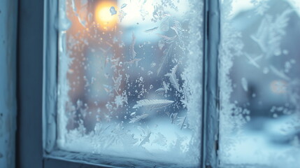 Close-up of frosted glass on frozen window. Winter concept, Winter background. Generative AI