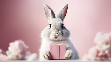 Obraz premium Portrait of a funny rabbit with a blank banner. Copy-space