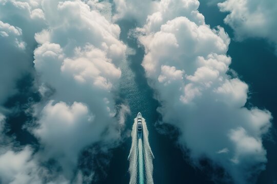 aerial view of boat navigating a pathway through towering cumulus formations
