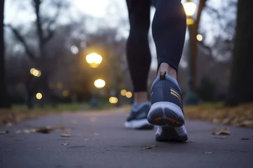 Deurstickers runners sneakers at start of jogging path, unfocused park fixtures beyond © studioworkstock