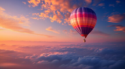 A hot air balloon flying above the clouds in the sunset sky. Copy space. Generative AI