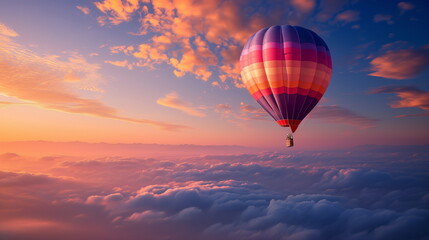 Obraz premium A hot air balloon flying above the clouds in the sunset sky. Copy space. Generative AI