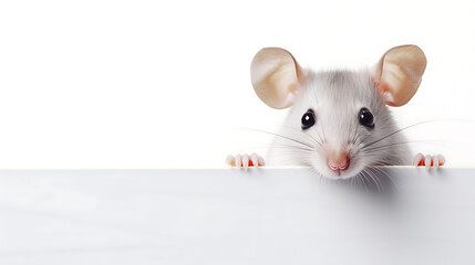 Portrait of a funny mouse with a blank banner. Copy-space