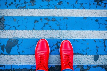 Naklejka premium feet in red shoes on a bluepainted crosswalk