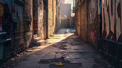 A sunlit urban alley displaying an array of graffiti on its walls, highlighting the contrast between light and art.