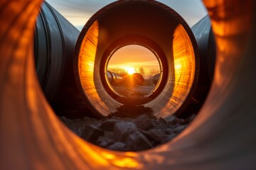 sunset peeking through large construction site pipes