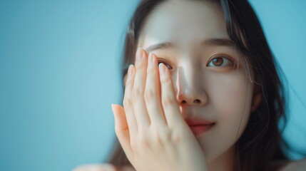 Fototapeta premium Asian Women's Hand Model Covering One Face - Generative AI