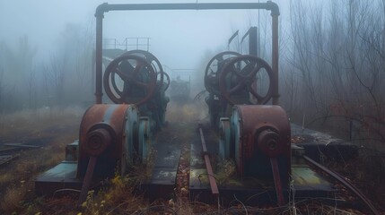 Twin winches from a bygone industrial era stand silent and rusting, enveloped by the creeping fog of a dense, forested landscape.