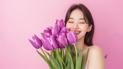 Obraz na płótnie Canvas Lovely asian woman with purple tulips bunch, pink background. copy space - Generative AI