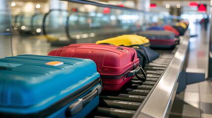 Travel bags lined up on the airport luggage conveyor belt. Bag closeup. Generative AI