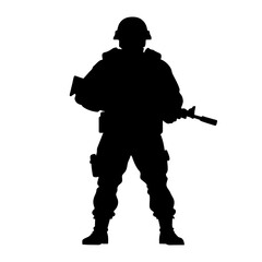 Silhouette of a soldier. A military man with a machine gun. Soldier in full height