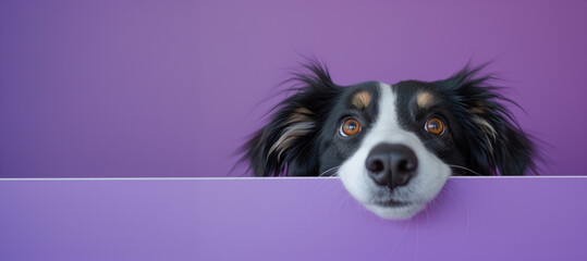 banner. dog peeking out from behind a purple wall. Concept for pets, veterinary clinic or nutrition, food for dogs. Banner with space for text Side view, peek out.