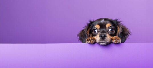 banner. dog peeking out from behind a purple wall. Concept for pets, veterinary clinic or...