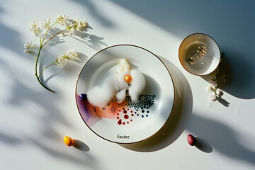A conceptual Easter composition on a white table, marrying tradition with modernity through a fusion of colors, shadows, and floral elements