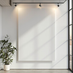 Mockup white canvas hanging on the wall lights. Generative AI
