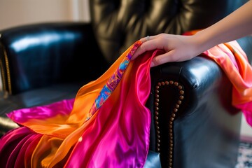 hand placing a brightly colored silk scarf on a black leather armchair