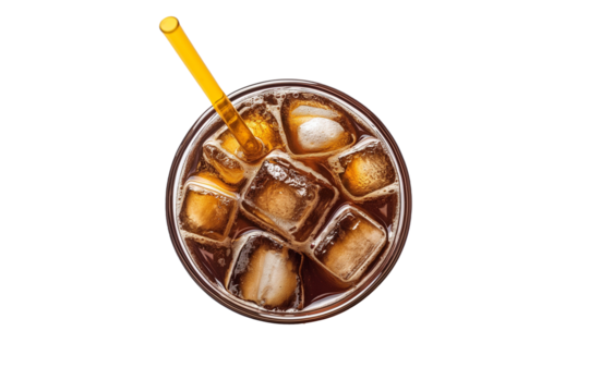 top view soft drink glass with ice cubes straw