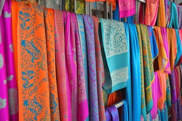 bright patterned scarves cascading off multitiered racks, indoors