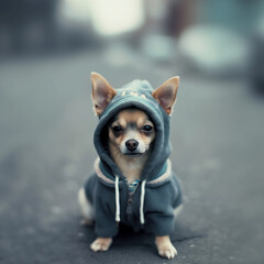 chihuahua dog sitting on the floor in a hoody