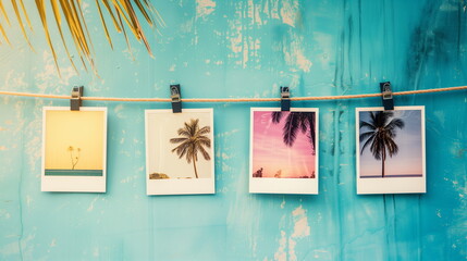 Several Polaroid photos of palm trees and the beach are hung on the vintage sky blue background wall. Summer background. Vacation, travel concept. Generative AI - obrazy, fototapety, plakaty