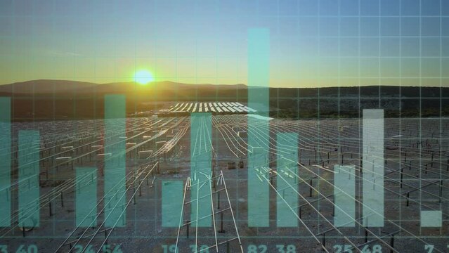 Progression Graph Zooming-in Over New Unfinished Solar Field At Sunset. drone shot, after effects