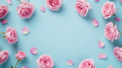 A frame made of pink roses and petals on a light blue background. Copy space in center. Spring background. Top view. Generating AI