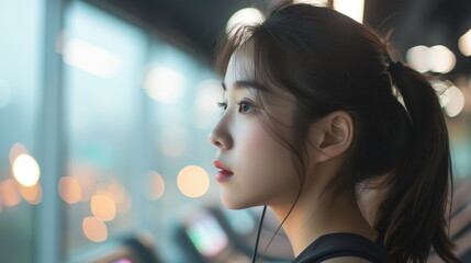 Fototapeta premium Side view of Young korean women athlete running or jogging on treadmill in a hotel sport club - Generative AI