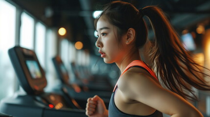 Side view of Young korean women athlete running or jogging on treadmill in a hotel sport club - Generative AI - obrazy, fototapety, plakaty