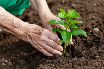 elderly persons hands planting a new sapling
