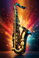 Fototapeta na wymiar Musical spectrum: shimmering saxophone in front of bursting colors, celebrating international jazz day.