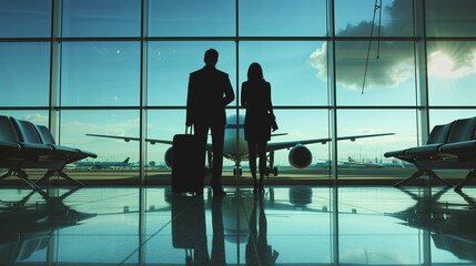 Two business travellers standing in airport lounge with airplane reflecting in window - Generative AI