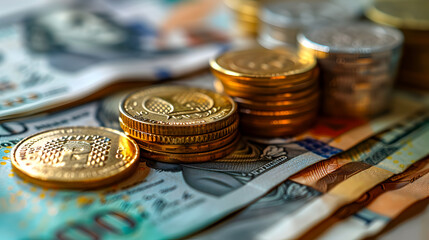Macro photography of stacked coins and various banknotes, symbolizing global currency, finance, and investment.

