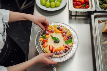 overhead view of a chef applying final touches to a fruit tart