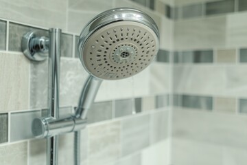 closeup of a showerhead in a tiled shower