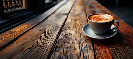 Keuken spatwand met foto Coffee morning on the wood floor background. © Nathasa