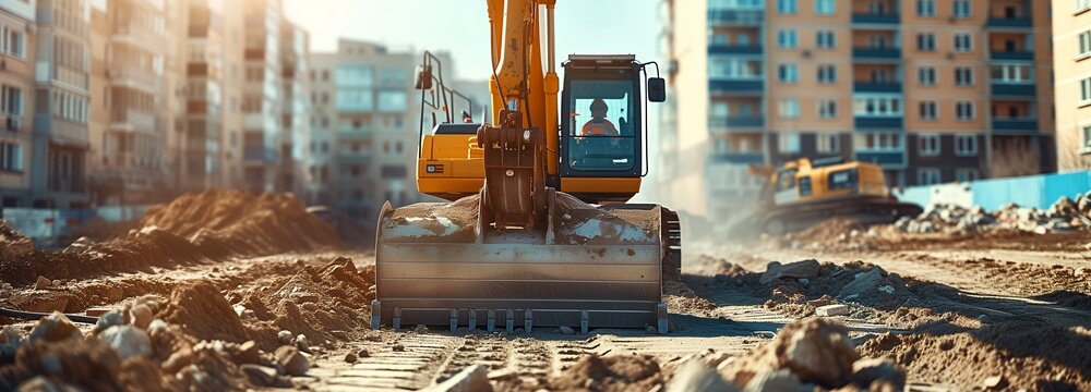 Solitary Excavator at Urban Construction Site