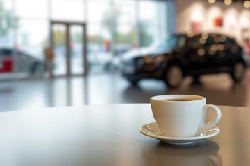 coffee cup on table, car showroom soft in the background