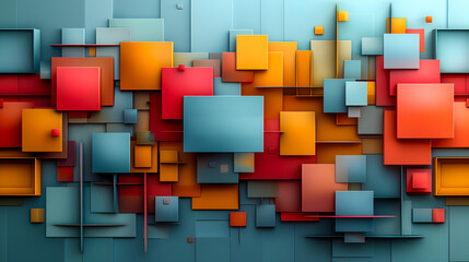 3D abstract design with a composition of overlapping geometric shapes in shades of red, orange, and blue.
