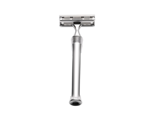 a silver razor on a white background