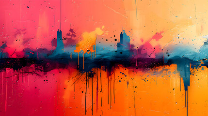 Abstract expressionist painting of a city skyline with dripping paint in a bold palette of red, orange, and blue.
