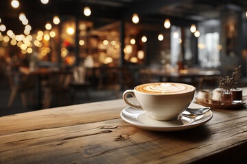 Coffee morning on the wood floor background. - obrazy, fototapety, plakaty