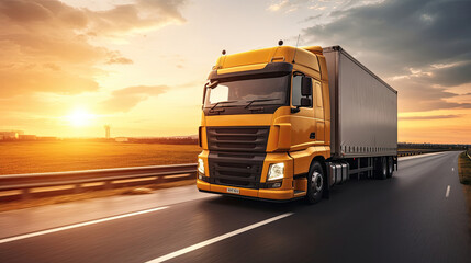 Fototapeta na wymiar Transport Container Truck running on the highway at sunset moving with blurred motion as concept export import logistics and cargo transportation industry created with Generative AI Technology