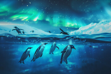 penguin jumping and playing in the sea at north pole - obrazy, fototapety, plakaty