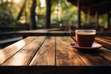 Fotobehang Coffee morning on the wood floor background. © Nathasa